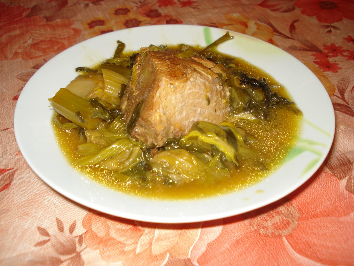 Greek pork stew with leeks in a lemony sauce, a stand-in for pork with celery