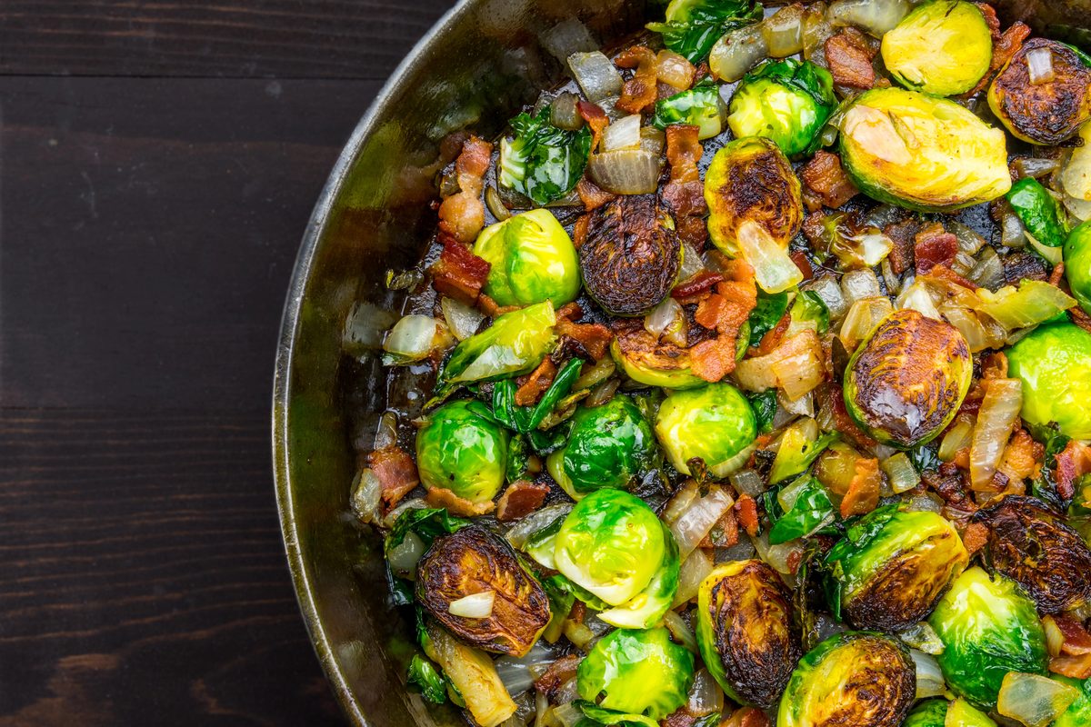 Brussels sprouts with bacon in a cast iron skillet