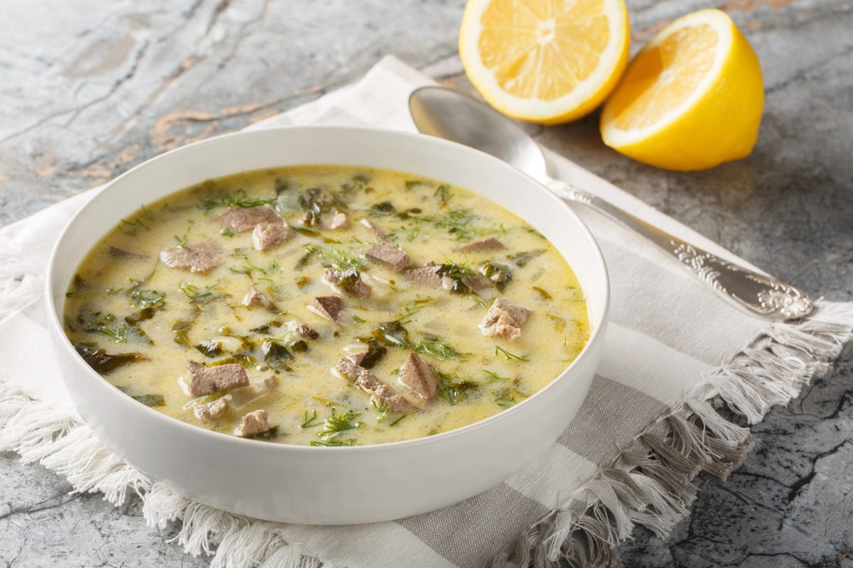 Bowl of magiritsa, Greek Easter soup with lamb, herbs and egg-lemon sauce