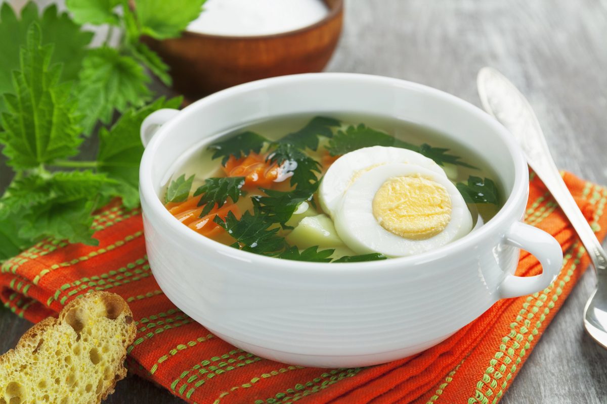 Nettle soup with a halved boiled egg in a white bowl
