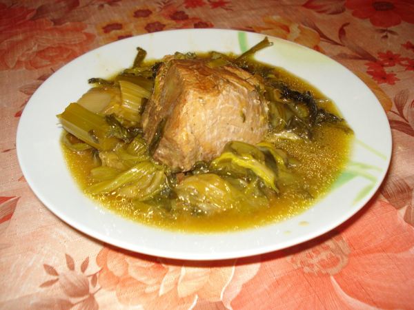 Greek pork stew with leeks in a lemony sauce, a stand-in for pork with celery