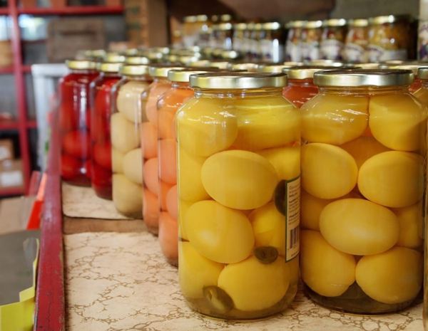 Jars of pickled eggs in brine