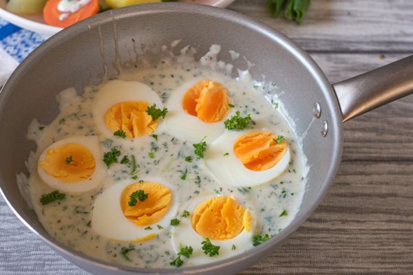 Halved boiled eggs in a creamy herb sauce in a pan
