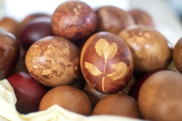 Easter eggs dyed with onion skins with leaf-print patterns