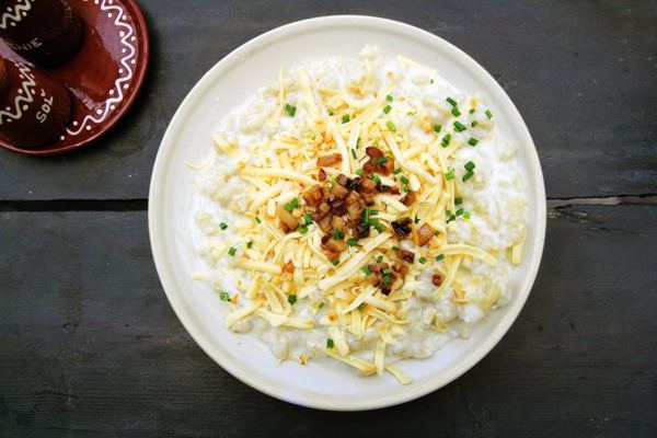 Bryndzové halušky, potato dumplings with sheep cheese and bacon