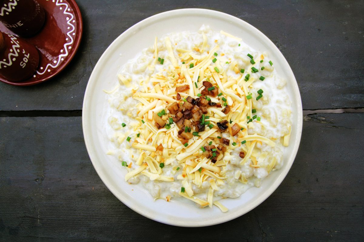 Bryndzové halušky, potato dumplings with sheep cheese and bacon